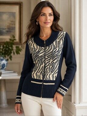 Skovhuus Zip Cardigan Fine Gauge Knit Black/ Cream Pattern Old Money Chic Sz S
